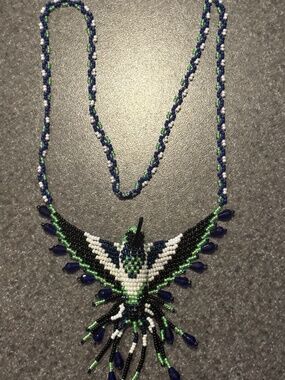 Handmade Beaded Hummingbird Necklace — Navy, White & Green Seed Beads